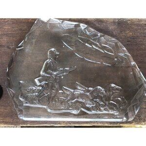 Vtg Lead Crystal Art Glass Sculpture Bird Duck Dog Hunting Hunter Office Decor